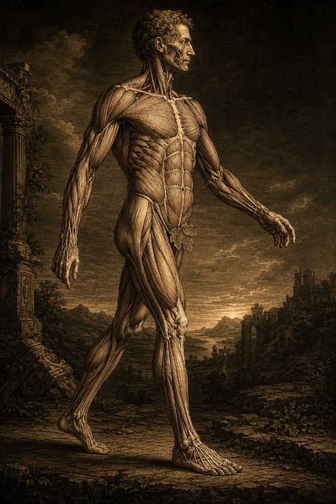 Vesalius — De Humani Corporis Fabrica (1543): male figure with full musculature exposed against an architectural landscape